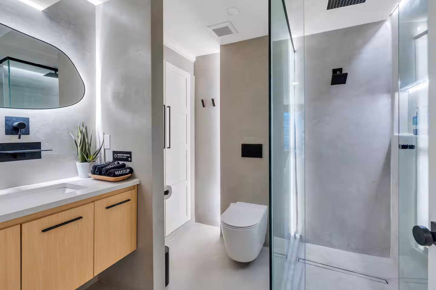Modern bathroom with walk-in glass shower and rain showerhead